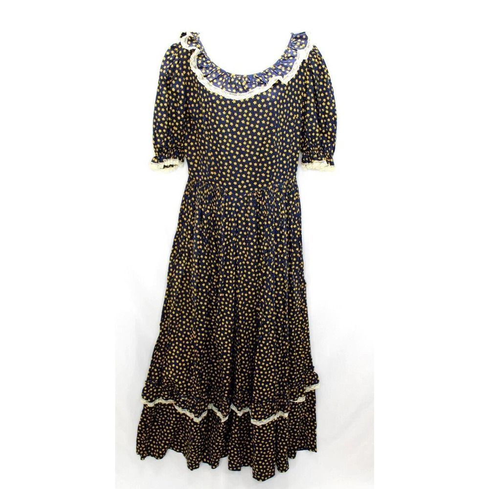 Cottage Core Long Dress Country Victorian Style Lace Seam Navy Blue Floral Print - Picture 1 of 10